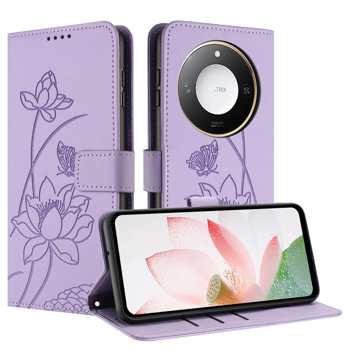 Honor X60 Lotus Embossed PU Leather Wallet Phone Case with Card Holder, Cash Pocket, Magnetic Flip Stand Cover, Wrist Lanyard Strap, Shockproof TPU Protective Folio Case - Purple