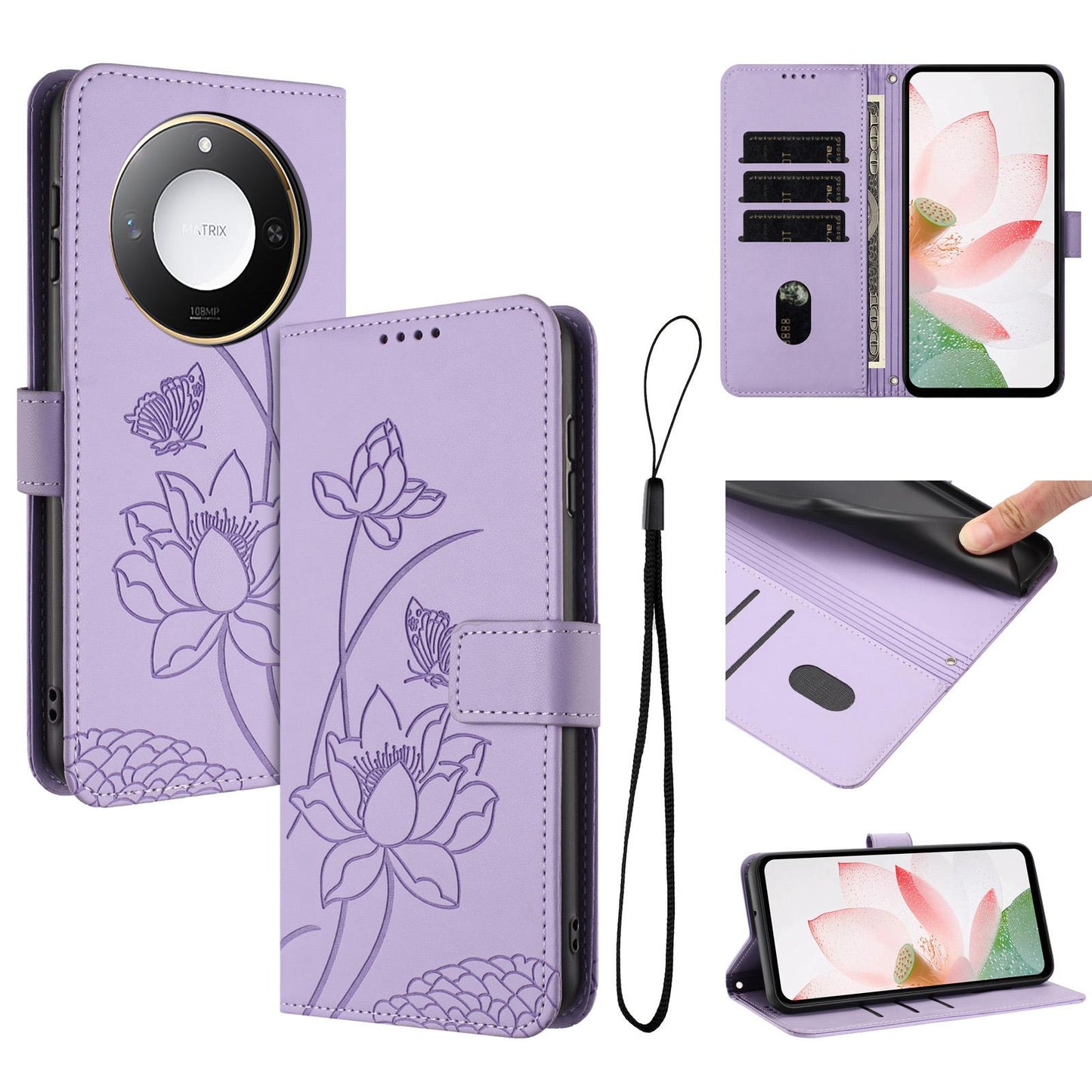 Honor X9c Smart Lotus Embossed PU Leather Wallet Phone Case with Card Holder, Cash Pocket, Magnetic Flip Stand Cover, Wrist Lanyard Strap, Shockproof TPU Protective Folio Case - Purple