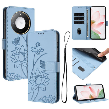Honor X60 Lotus Embossed PU Leather Wallet Phone Case with Card Holder, Cash Pocket, Magnetic Flip Stand Cover, Wrist Lanyard Strap, Shockproof TPU Protective Folio Case - Purple