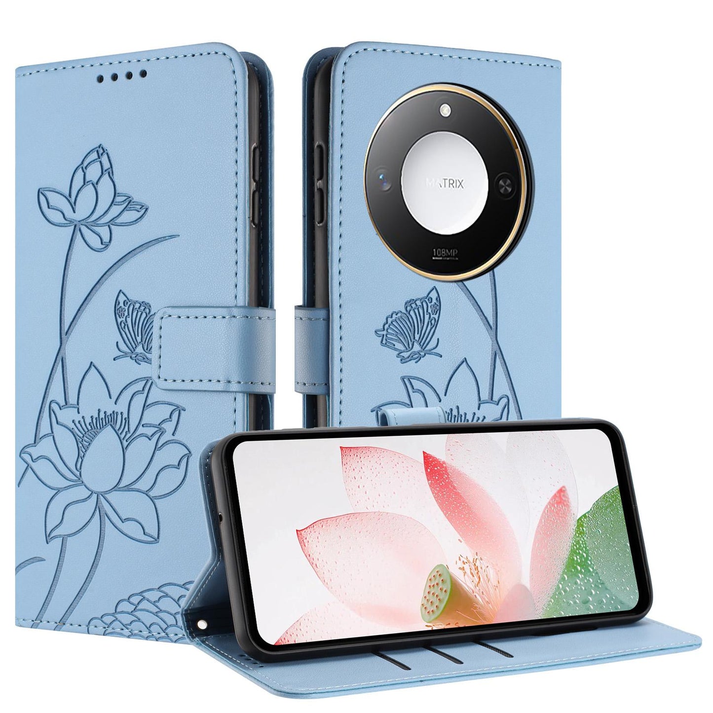 Honor X60 Lotus Embossed PU Leather Wallet Phone Case with Card Holder, Cash Pocket, Magnetic Flip Stand Cover, Wrist Lanyard Strap, Shockproof TPU Protective Folio Case - Purple