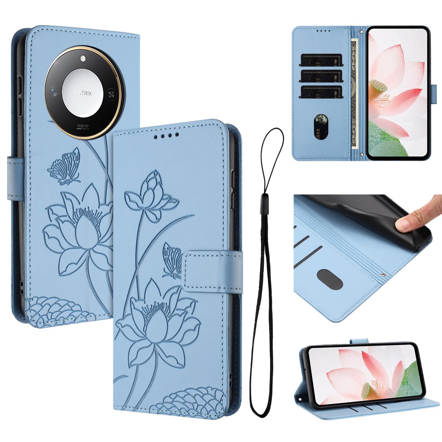 Honor X9c Smart Lotus Embossed PU Leather Wallet Phone Case with Card Holder, Cash Pocket, Magnetic Flip Stand Cover, Wrist Lanyard Strap, Shockproof TPU Protective Folio Case - Purple
