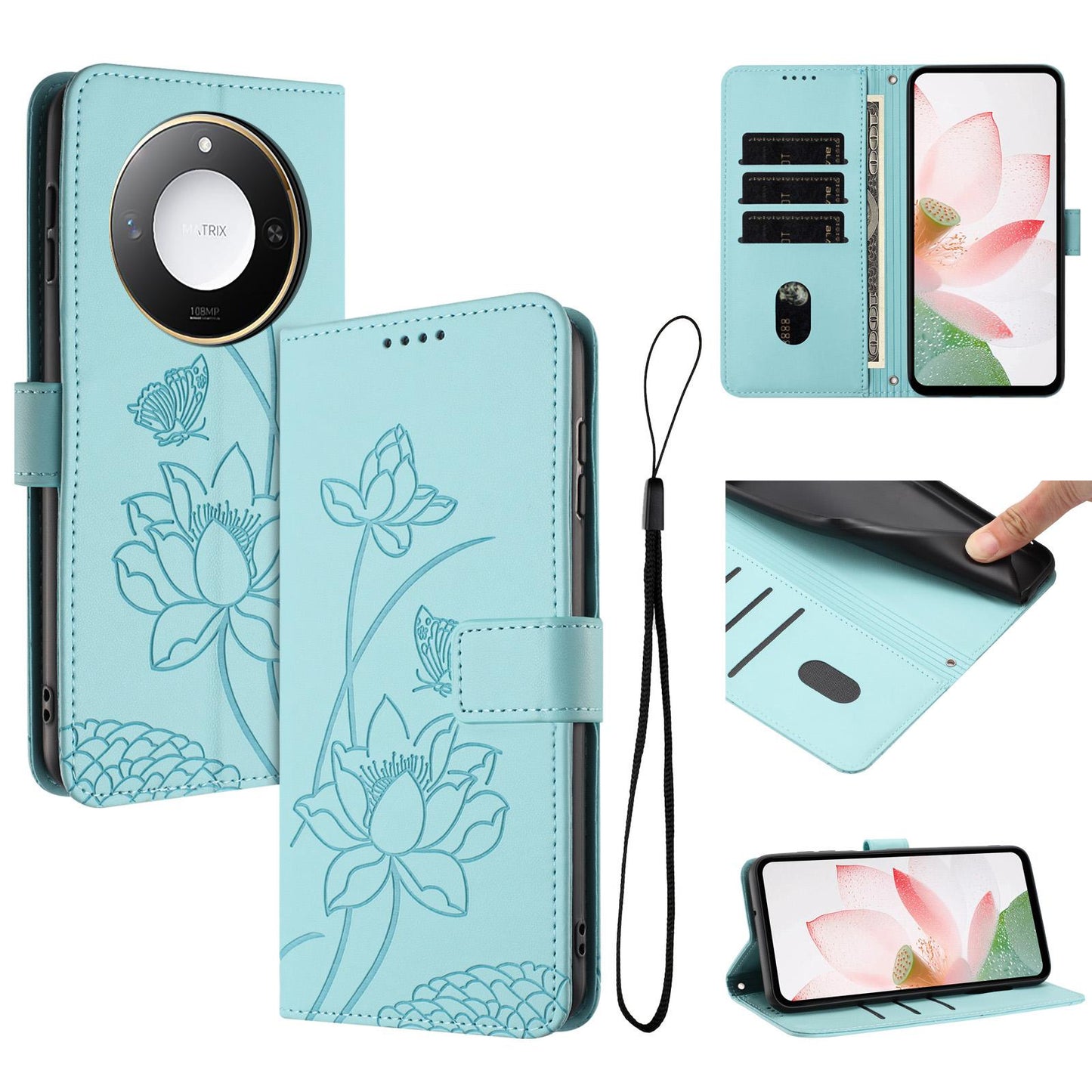 Honor X9c Smart Lotus Embossed PU Leather Wallet Phone Case with Card Holder, Cash Pocket, Magnetic Flip Stand Cover, Wrist Lanyard Strap, Shockproof TPU Protective Folio Case - Purple