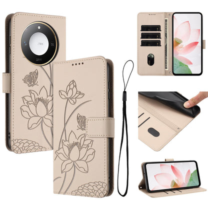 Honor X60 Lotus Embossed PU Leather Wallet Phone Case with Card Holder, Cash Pocket, Magnetic Flip Stand Cover, Wrist Lanyard Strap, Shockproof TPU Protective Folio Case - Purple