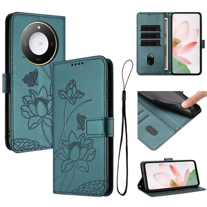Honor X9c Smart Lotus Embossed PU Leather Wallet Phone Case with Card Holder, Cash Pocket, Magnetic Flip Stand Cover, Wrist Lanyard Strap, Shockproof TPU Protective Folio Case - Purple