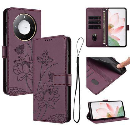 Honor X60 Lotus Embossed PU Leather Wallet Phone Case with Card Holder, Cash Pocket, Magnetic Flip Stand Cover, Wrist Lanyard Strap, Shockproof TPU Protective Folio Case - Purple