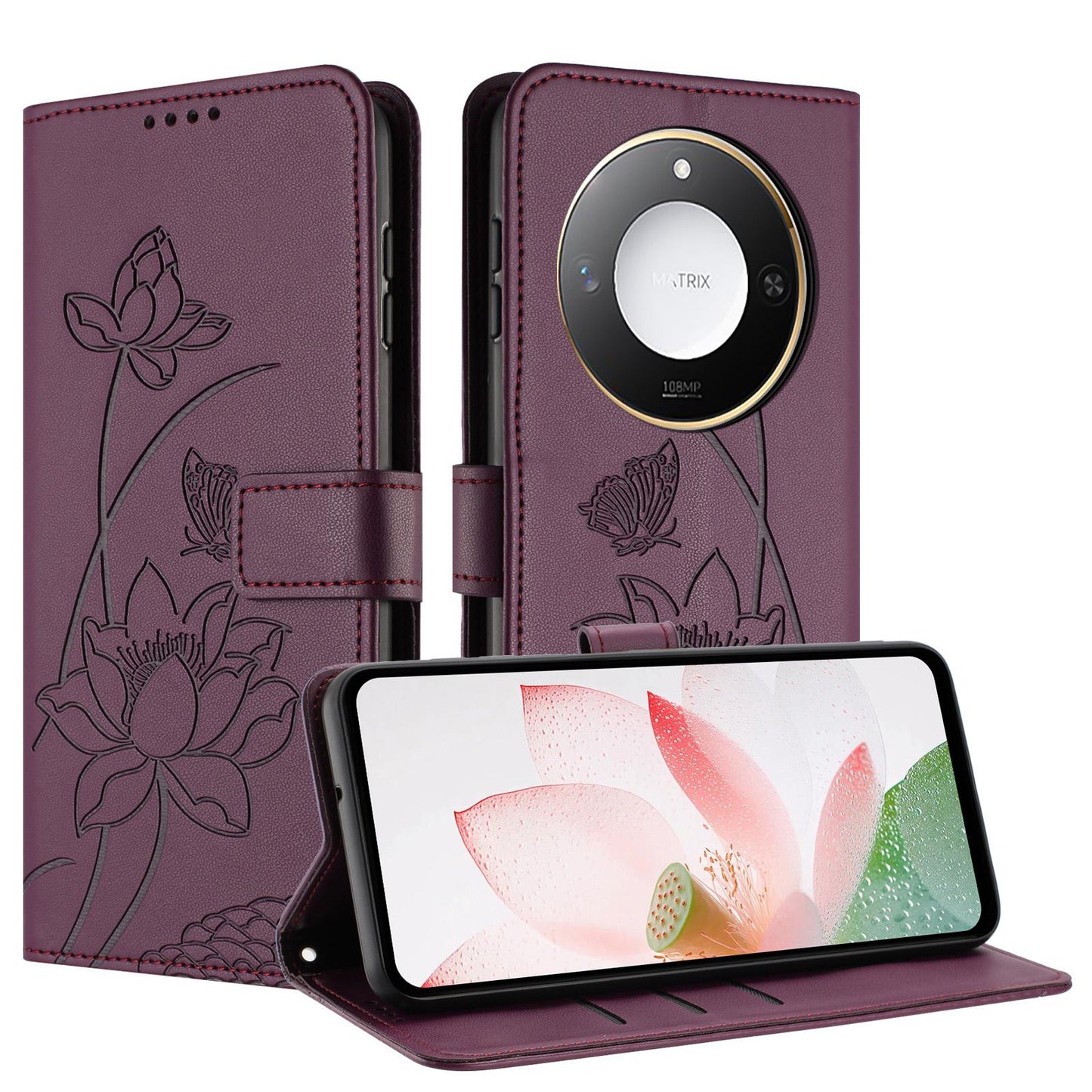 Honor X9c Smart Lotus Embossed PU Leather Wallet Phone Case with Card Holder, Cash Pocket, Magnetic Flip Stand Cover, Wrist Lanyard Strap, Shockproof TPU Protective Folio Case - Purple