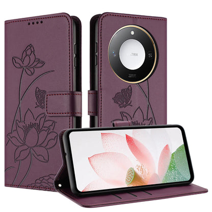 Honor X9c Smart Lotus Embossed PU Leather Wallet Phone Case with Card Holder, Cash Pocket, Magnetic Flip Stand Cover, Wrist Lanyard Strap, Shockproof TPU Protective Folio Case - Purple