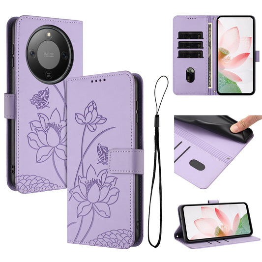 Honor X70 5G Lotus Embossed PU Leather Wallet Phone Case with Card Holder, Cash Pocket, Magnetic Flip Stand Cover, Wrist Lanyard Strap, Shockproof TPU Protective Folio Case - Purple