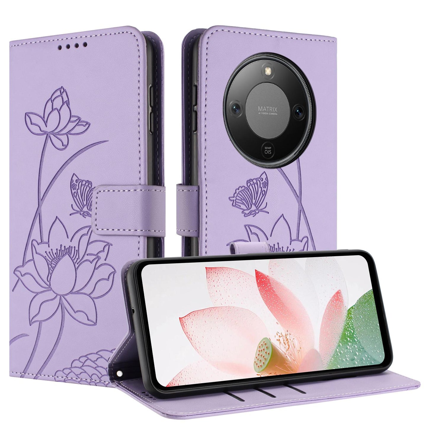 Honor X70 5G Lotus Embossed PU Leather Wallet Phone Case with Card Holder, Cash Pocket, Magnetic Flip Stand Cover, Wrist Lanyard Strap, Shockproof TPU Protective Folio Case - Purple