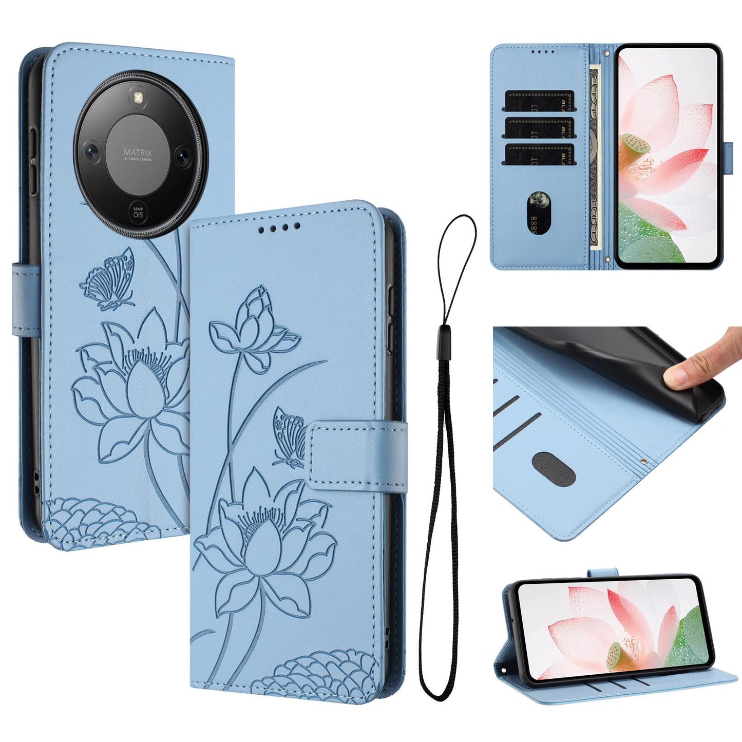 Honor X70 5G Lotus Embossed PU Leather Wallet Phone Case with Card Holder, Cash Pocket, Magnetic Flip Stand Cover, Wrist Lanyard Strap, Shockproof TPU Protective Folio Case - Purple