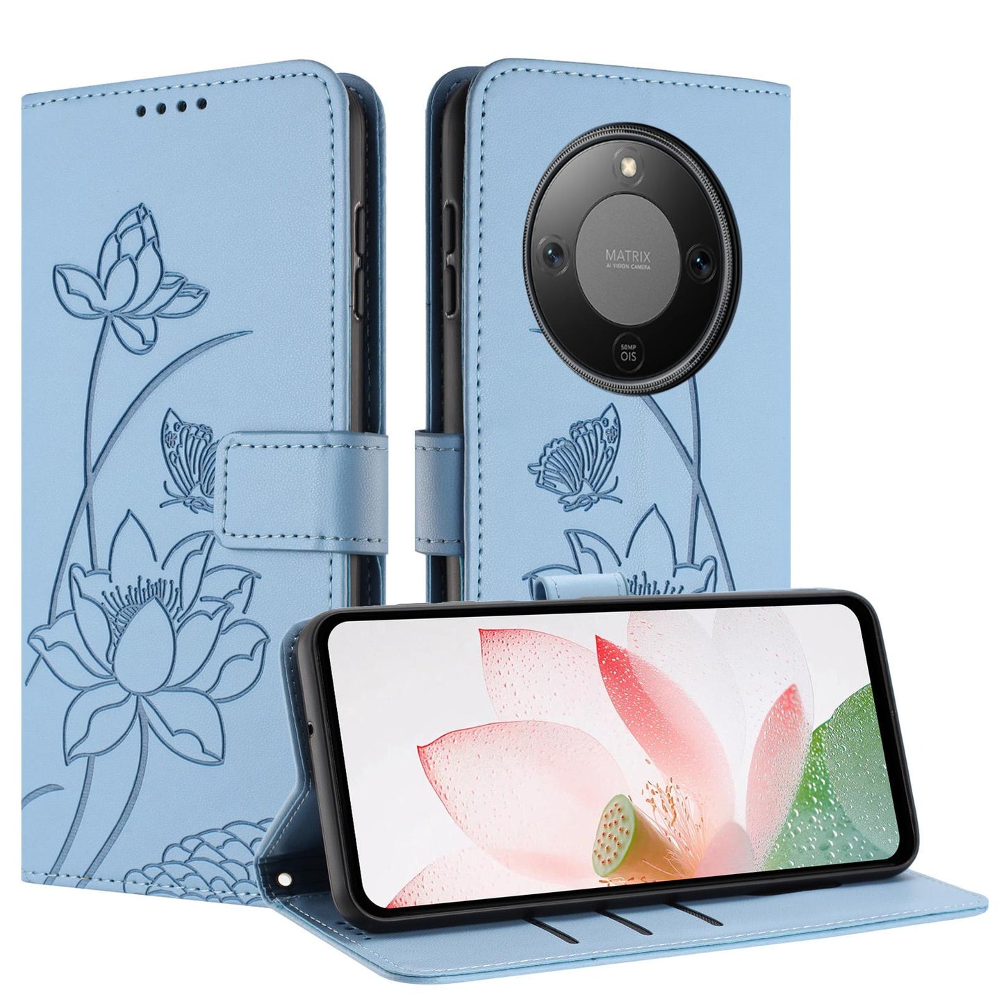 Honor X70 5G Lotus Embossed PU Leather Wallet Phone Case with Card Holder, Cash Pocket, Magnetic Flip Stand Cover, Wrist Lanyard Strap, Shockproof TPU Protective Folio Case - Purple