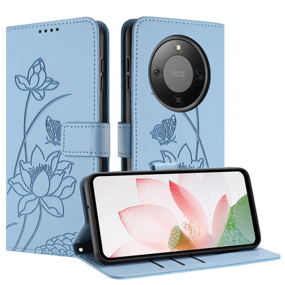 Honor X70 5G Lotus Embossed PU Leather Wallet Phone Case with Card Holder, Cash Pocket, Magnetic Flip Stand Cover, Wrist Lanyard Strap, Shockproof TPU Protective Folio Case - Purple