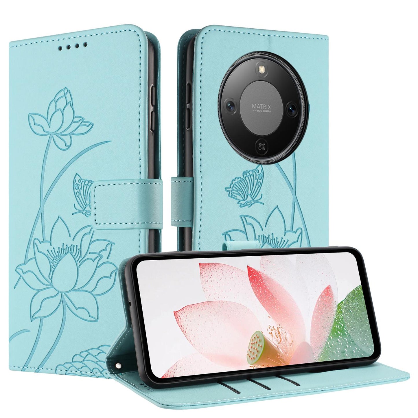 Honor X70 5G Lotus Embossed PU Leather Wallet Phone Case with Card Holder, Cash Pocket, Magnetic Flip Stand Cover, Wrist Lanyard Strap, Shockproof TPU Protective Folio Case - Purple