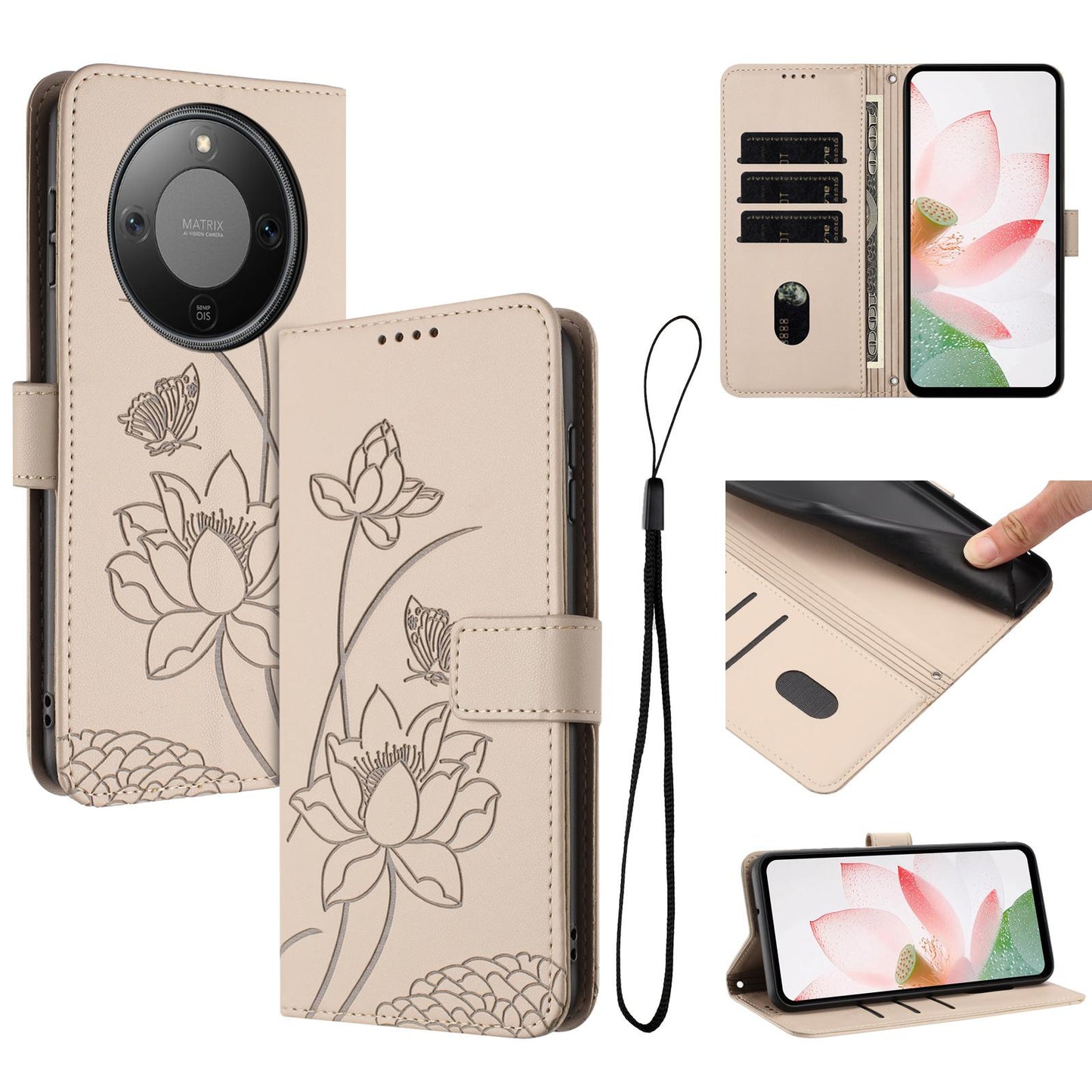 Honor X70 5G Lotus Embossed PU Leather Wallet Phone Case with Card Holder, Cash Pocket, Magnetic Flip Stand Cover, Wrist Lanyard Strap, Shockproof TPU Protective Folio Case - Purple
