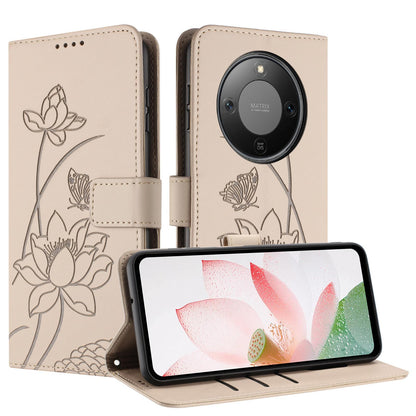 Honor X70 5G Lotus Embossed PU Leather Wallet Phone Case with Card Holder, Cash Pocket, Magnetic Flip Stand Cover, Wrist Lanyard Strap, Shockproof TPU Protective Folio Case - Purple