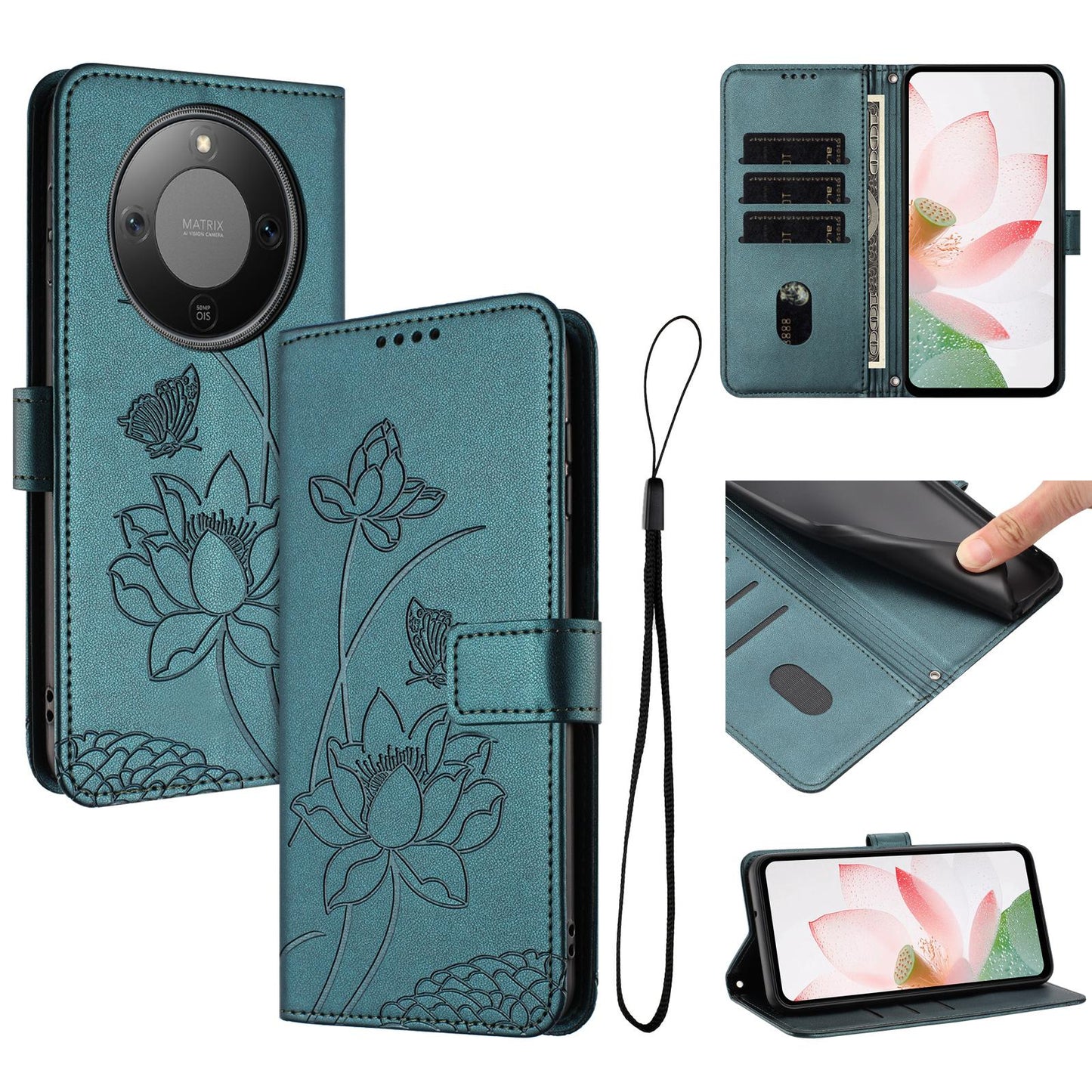 Honor X70 5G Lotus Embossed PU Leather Wallet Phone Case with Card Holder, Cash Pocket, Magnetic Flip Stand Cover, Wrist Lanyard Strap, Shockproof TPU Protective Folio Case - Purple