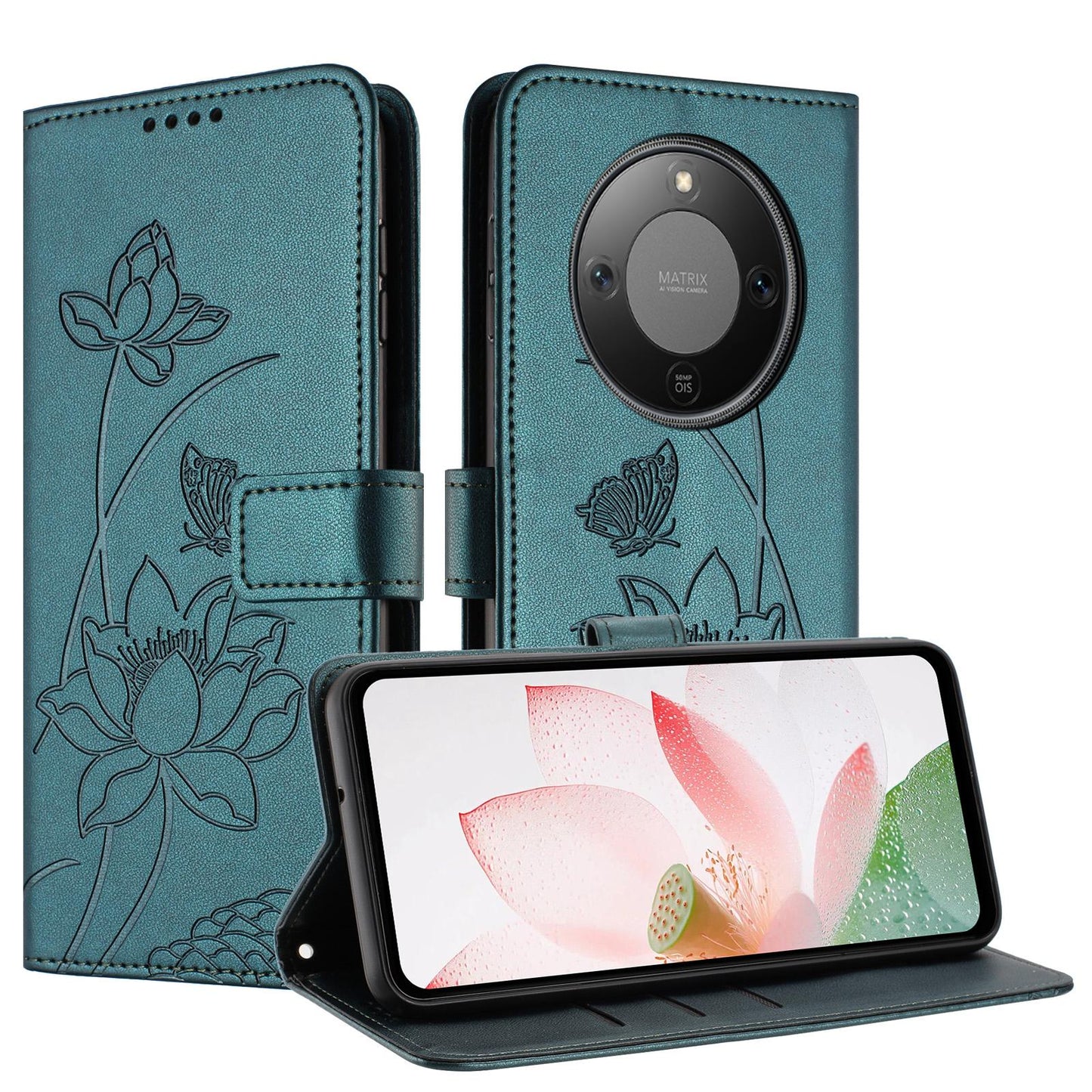 Honor X70 5G Lotus Embossed PU Leather Wallet Phone Case with Card Holder, Cash Pocket, Magnetic Flip Stand Cover, Wrist Lanyard Strap, Shockproof TPU Protective Folio Case - Purple
