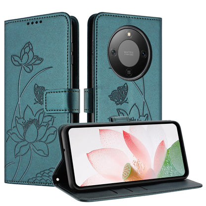Honor X70 5G Lotus Embossed PU Leather Wallet Phone Case with Card Holder, Cash Pocket, Magnetic Flip Stand Cover, Wrist Lanyard Strap, Shockproof TPU Protective Folio Case - Purple