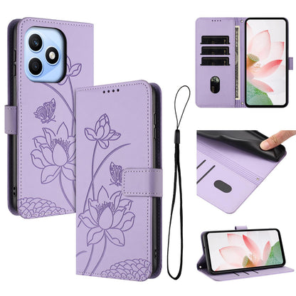 Honor X8d 4G Lotus Embossed PU Leather Wallet Phone Case with Card Holder, Cash Pocket, Magnetic Flip Stand Cover, Wrist Lanyard Strap, Shockproof TPU Protective Folio Case - Purple