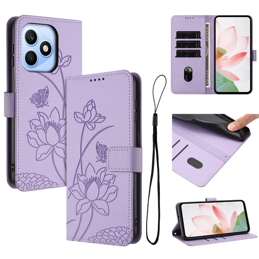 Honor X8d 4G Lotus Embossed PU Leather Wallet Phone Case with Card Holder, Cash Pocket, Magnetic Flip Stand Cover, Wrist Lanyard Strap, Shockproof TPU Protective Folio Case - Purple