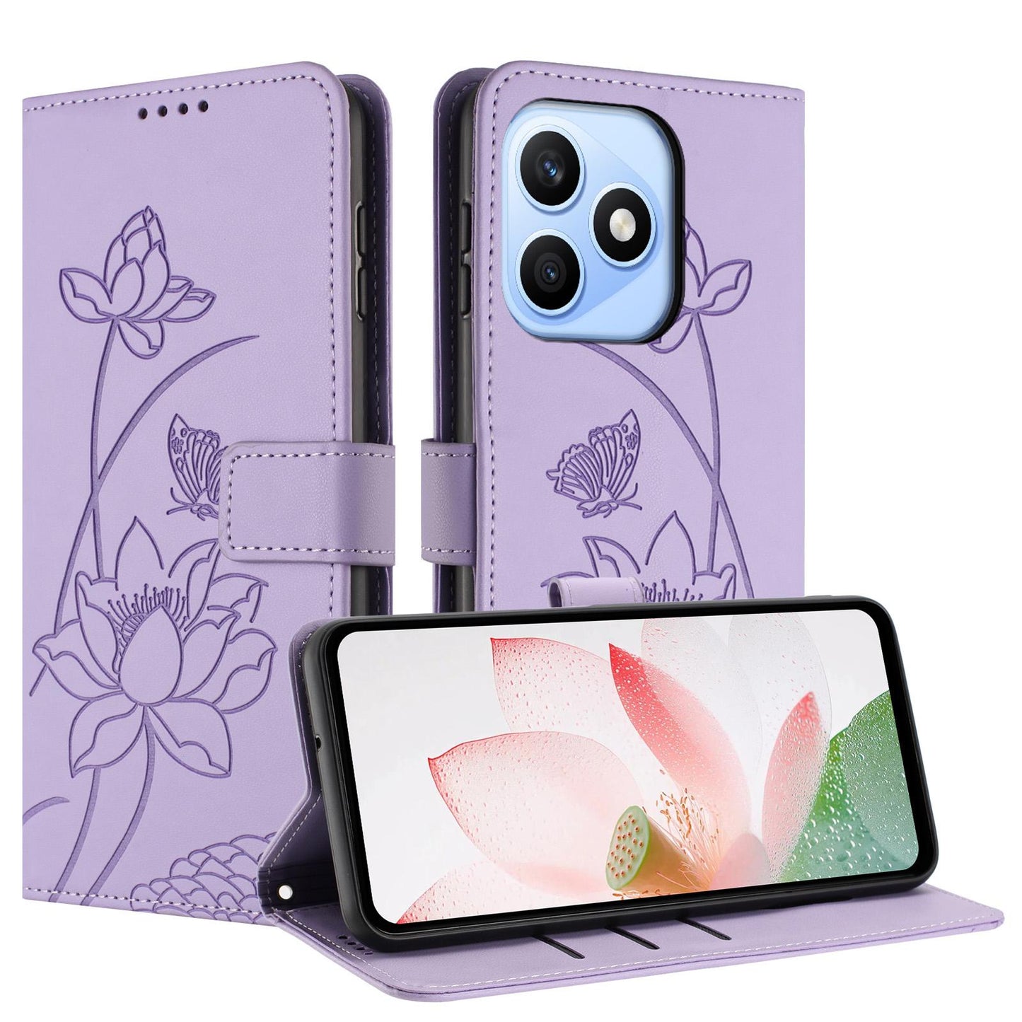 Honor X8d 4G Lotus Embossed PU Leather Wallet Phone Case with Card Holder, Cash Pocket, Magnetic Flip Stand Cover, Wrist Lanyard Strap, Shockproof TPU Protective Folio Case - Purple
