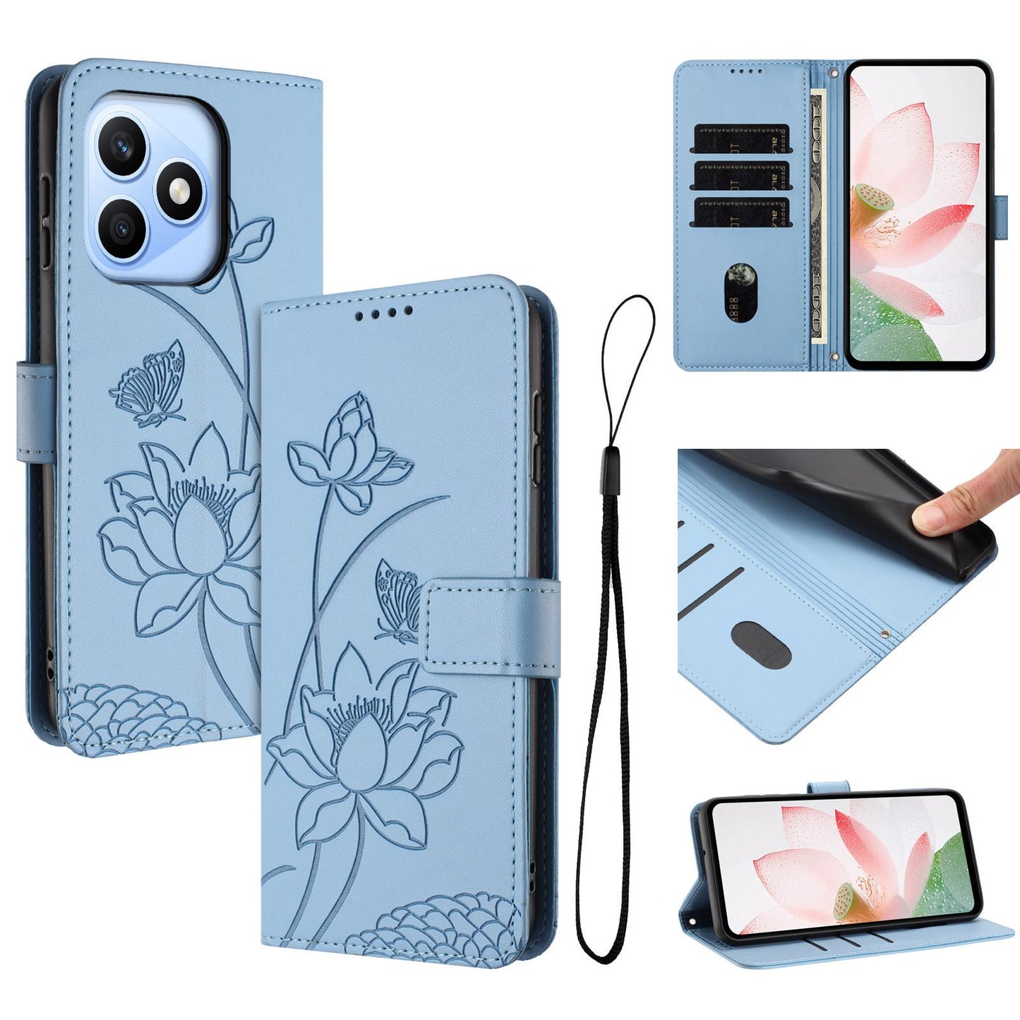 Honor X8d 4G Lotus Embossed PU Leather Wallet Phone Case with Card Holder, Cash Pocket, Magnetic Flip Stand Cover, Wrist Lanyard Strap, Shockproof TPU Protective Folio Case - Purple