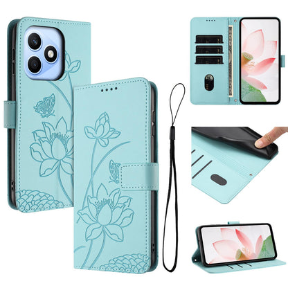 Honor X8d 4G Lotus Embossed PU Leather Wallet Phone Case with Card Holder, Cash Pocket, Magnetic Flip Stand Cover, Wrist Lanyard Strap, Shockproof TPU Protective Folio Case - Purple