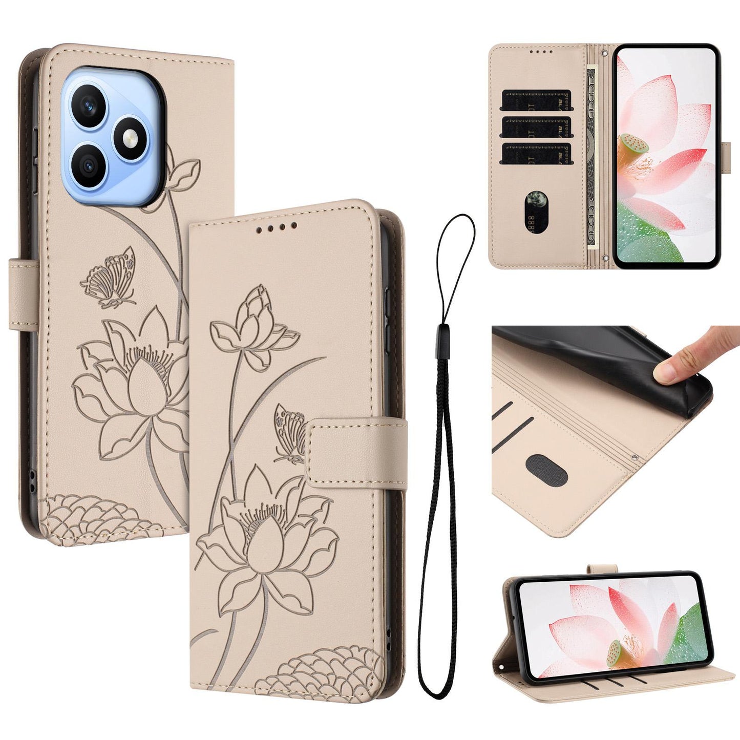 Honor X8d 4G Lotus Embossed PU Leather Wallet Phone Case with Card Holder, Cash Pocket, Magnetic Flip Stand Cover, Wrist Lanyard Strap, Shockproof TPU Protective Folio Case - Purple