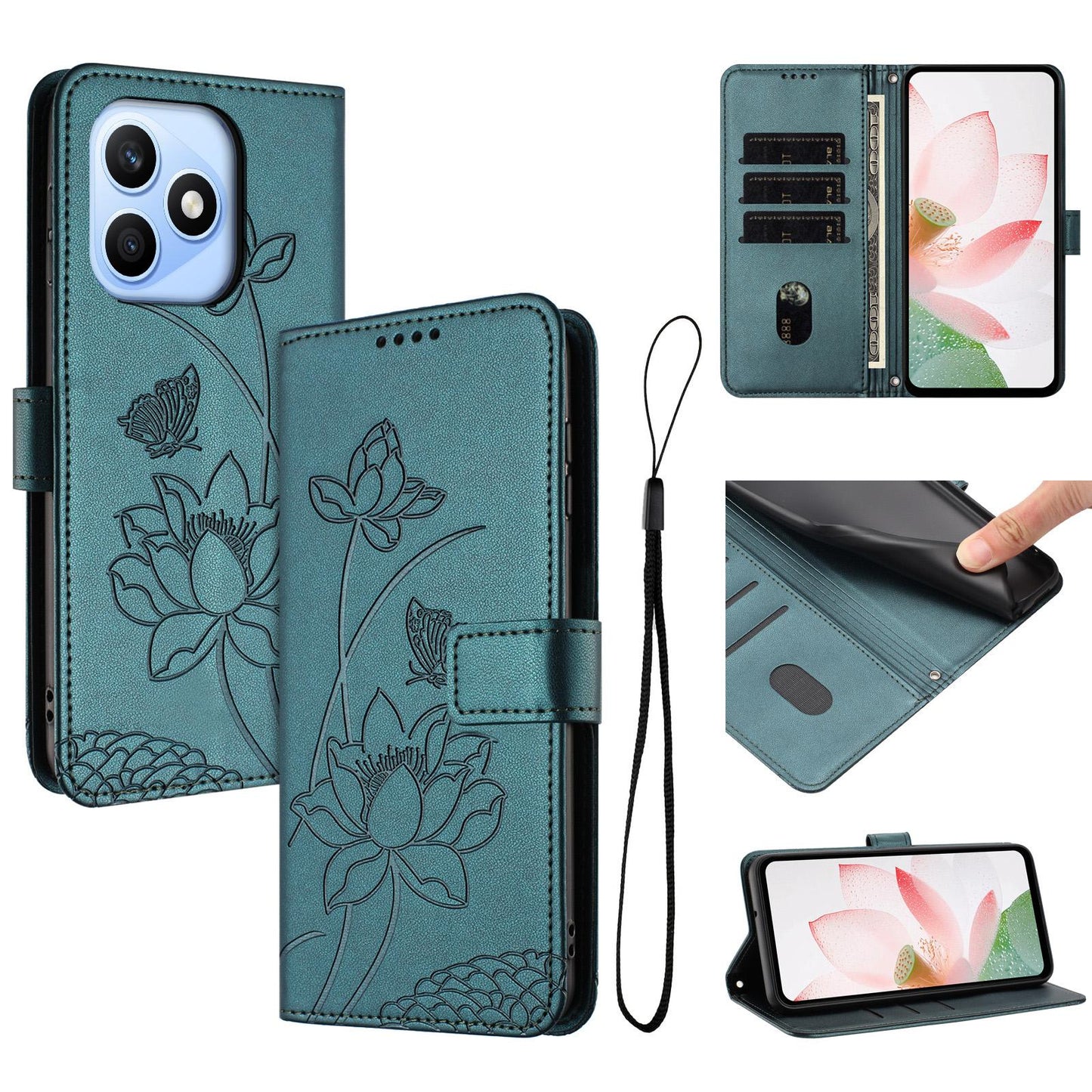 Honor X8d 4G Lotus Embossed PU Leather Wallet Phone Case with Card Holder, Cash Pocket, Magnetic Flip Stand Cover, Wrist Lanyard Strap, Shockproof TPU Protective Folio Case - Purple