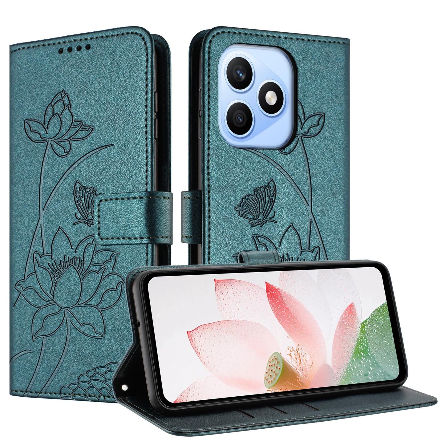 Honor X8d 4G Lotus Embossed PU Leather Wallet Phone Case with Card Holder, Cash Pocket, Magnetic Flip Stand Cover, Wrist Lanyard Strap, Shockproof TPU Protective Folio Case - Purple