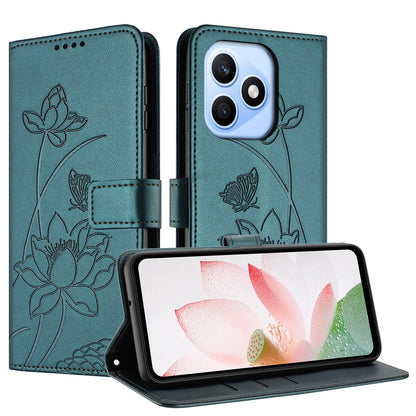 Honor X8d 4G Lotus Embossed PU Leather Wallet Phone Case with Card Holder, Cash Pocket, Magnetic Flip Stand Cover, Wrist Lanyard Strap, Shockproof TPU Protective Folio Case - Purple