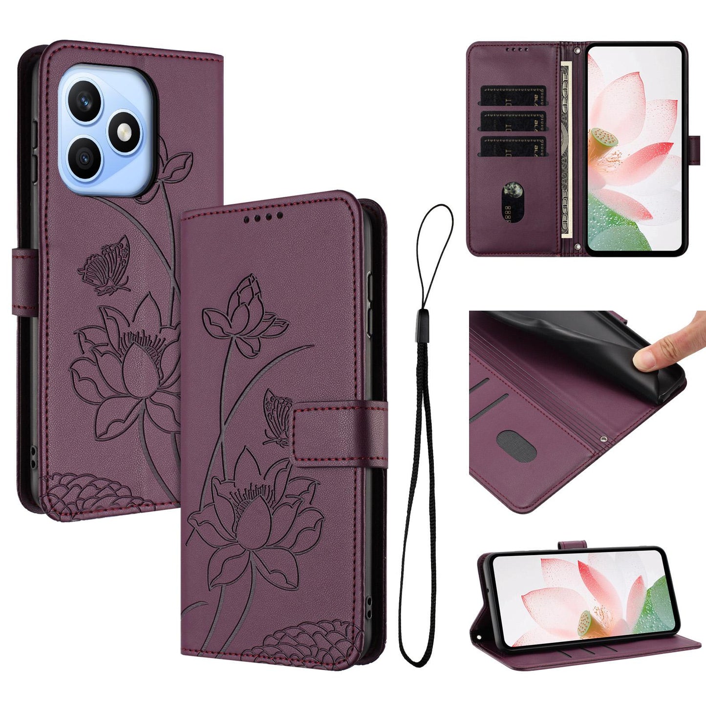 Honor X8d 4G Lotus Embossed PU Leather Wallet Phone Case with Card Holder, Cash Pocket, Magnetic Flip Stand Cover, Wrist Lanyard Strap, Shockproof TPU Protective Folio Case - Purple