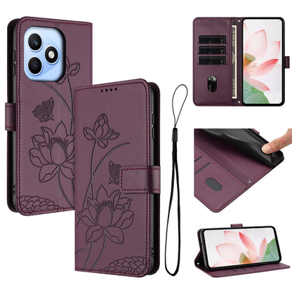 Honor X8d 4G Lotus Embossed PU Leather Wallet Phone Case with Card Holder, Cash Pocket, Magnetic Flip Stand Cover, Wrist Lanyard Strap, Shockproof TPU Protective Folio Case - Purple