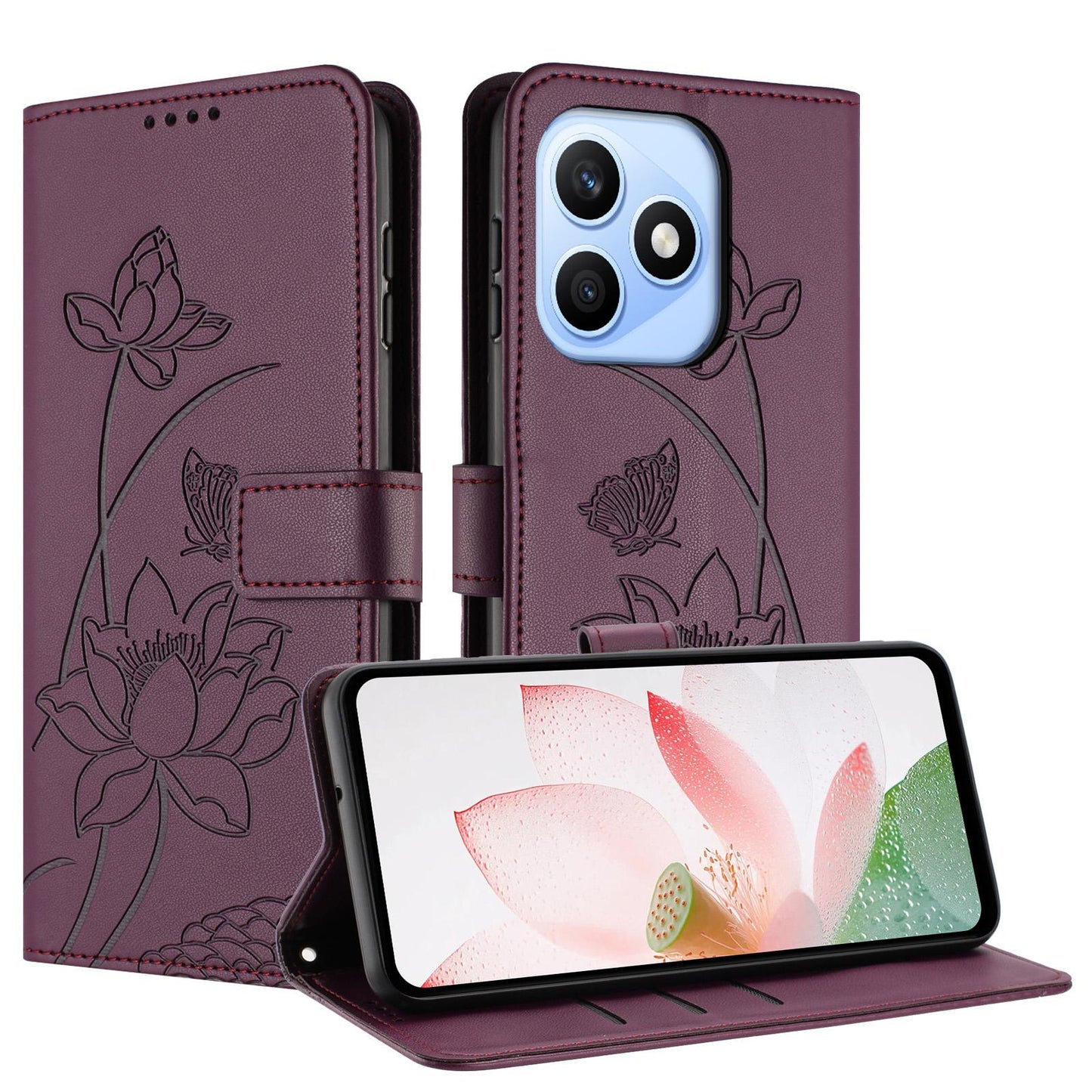 Honor X8d 4G Lotus Embossed PU Leather Wallet Phone Case with Card Holder, Cash Pocket, Magnetic Flip Stand Cover, Wrist Lanyard Strap, Shockproof TPU Protective Folio Case - Purple