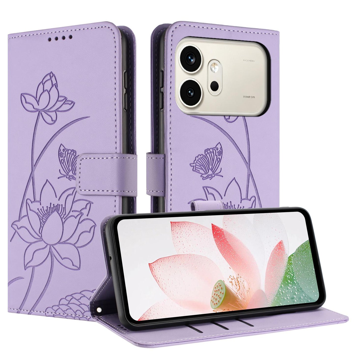 Honor 600 Lotus Embossed PU Leather Wallet Phone Case with Card Holder, Cash Pocket, Magnetic Flip Stand Cover, Wrist Lanyard Strap, Shockproof TPU Protective Folio Case - Purple