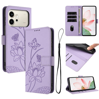 Honor 600 Pro Lotus Embossed PU Leather Wallet Phone Case with Card Holder, Cash Pocket, Magnetic Flip Stand Cover, Wrist Lanyard Strap, Shockproof TPU Protective Folio Case - Purple