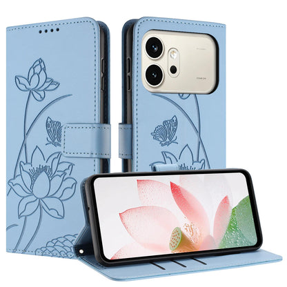 Honor 600 Lotus Embossed PU Leather Wallet Phone Case with Card Holder, Cash Pocket, Magnetic Flip Stand Cover, Wrist Lanyard Strap, Shockproof TPU Protective Folio Case - Purple