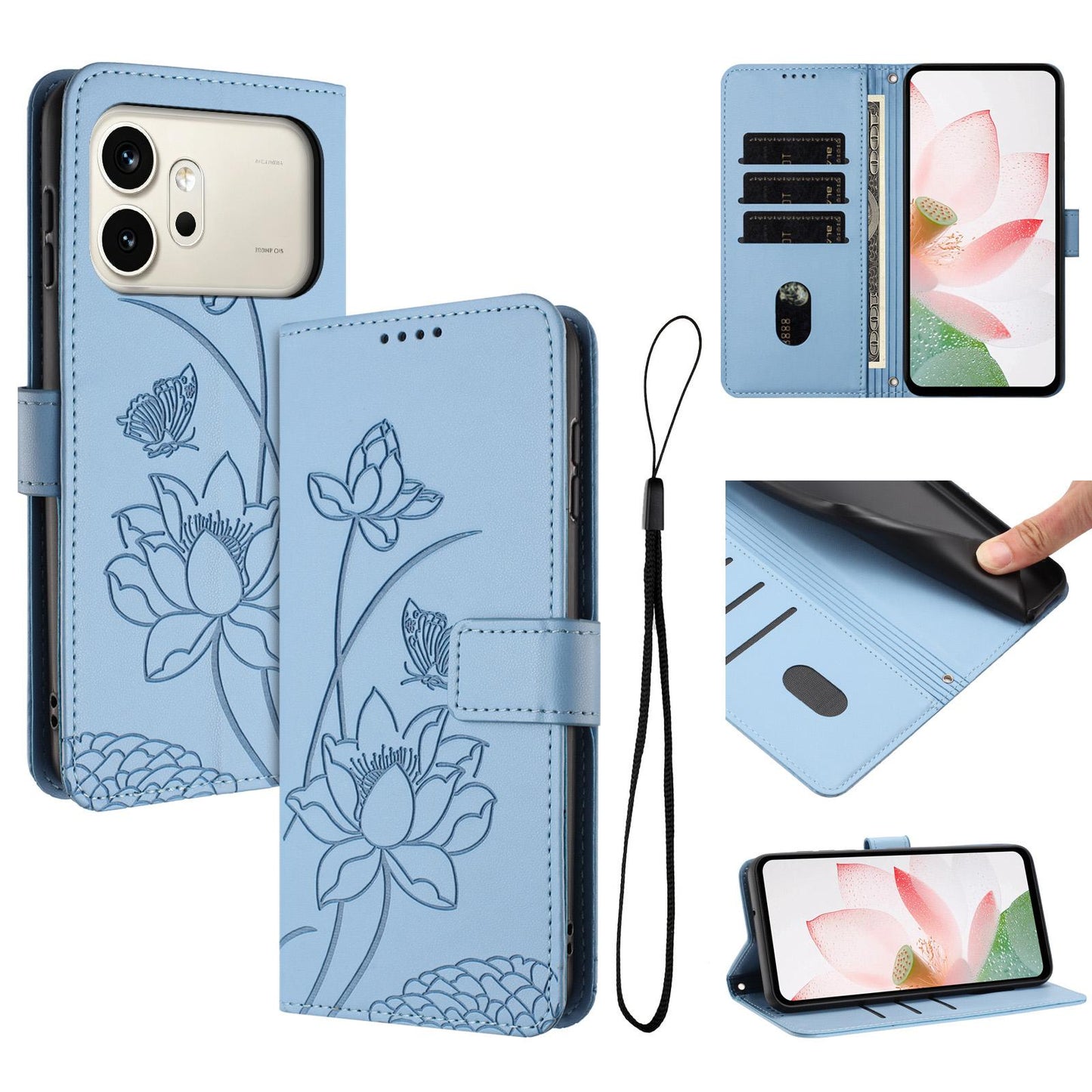 Honor 600 Pro Lotus Embossed PU Leather Wallet Phone Case with Card Holder, Cash Pocket, Magnetic Flip Stand Cover, Wrist Lanyard Strap, Shockproof TPU Protective Folio Case - Purple
