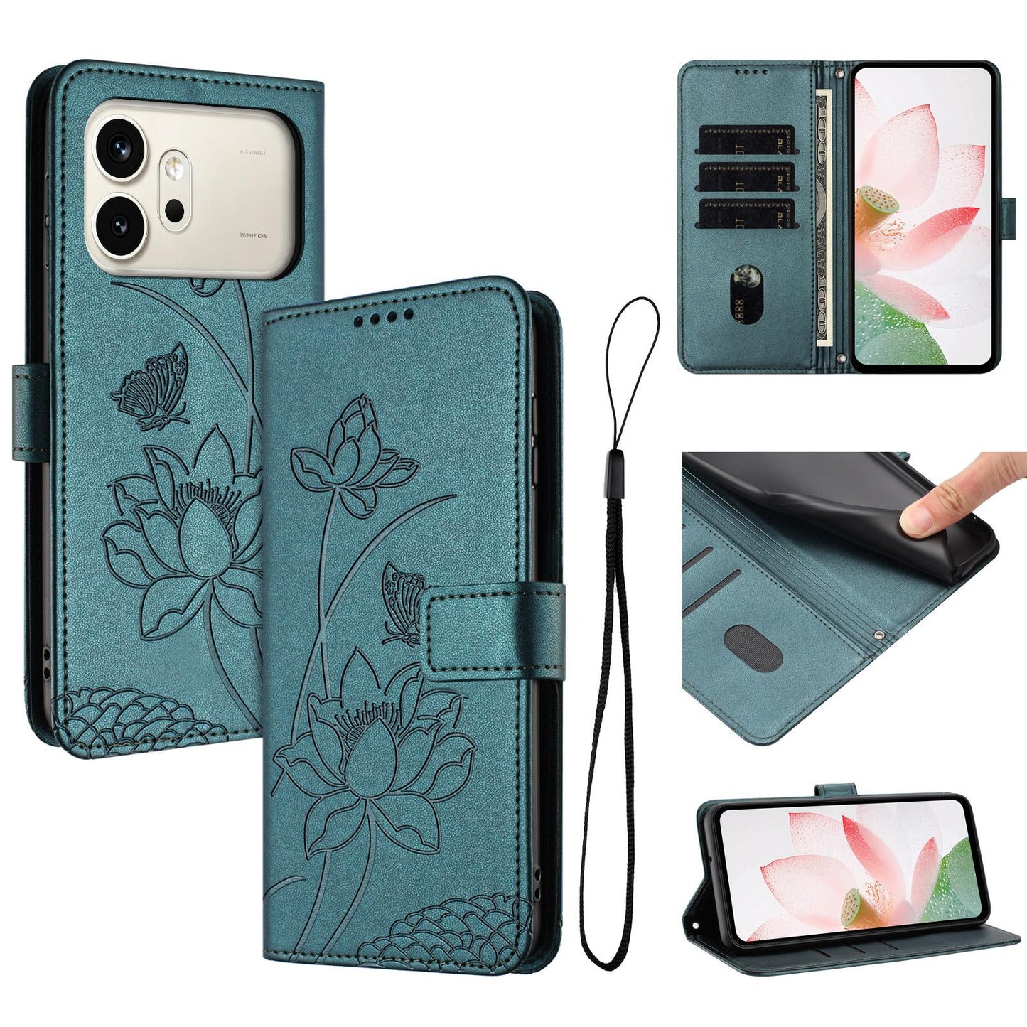 Honor 600 Lotus Embossed PU Leather Wallet Phone Case with Card Holder, Cash Pocket, Magnetic Flip Stand Cover, Wrist Lanyard Strap, Shockproof TPU Protective Folio Case - Purple