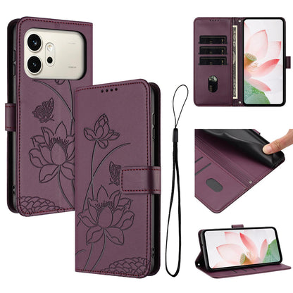Honor 600 Lotus Embossed PU Leather Wallet Phone Case with Card Holder, Cash Pocket, Magnetic Flip Stand Cover, Wrist Lanyard Strap, Shockproof TPU Protective Folio Case - Purple