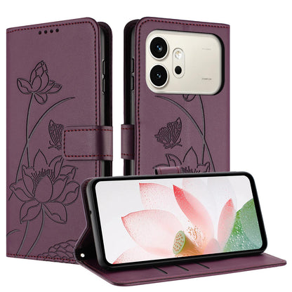 Honor 600 Pro Lotus Embossed PU Leather Wallet Phone Case with Card Holder, Cash Pocket, Magnetic Flip Stand Cover, Wrist Lanyard Strap, Shockproof TPU Protective Folio Case - Purple