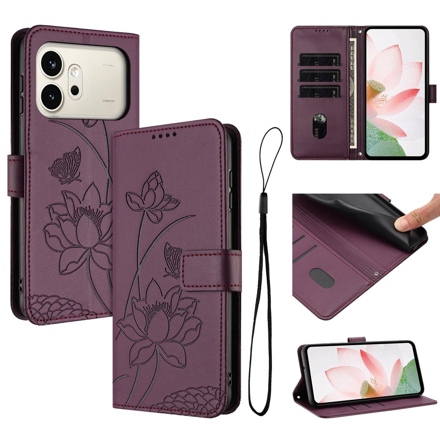 Honor 600 Pro Lotus Embossed PU Leather Wallet Phone Case with Card Holder, Cash Pocket, Magnetic Flip Stand Cover, Wrist Lanyard Strap, Shockproof TPU Protective Folio Case - Purple