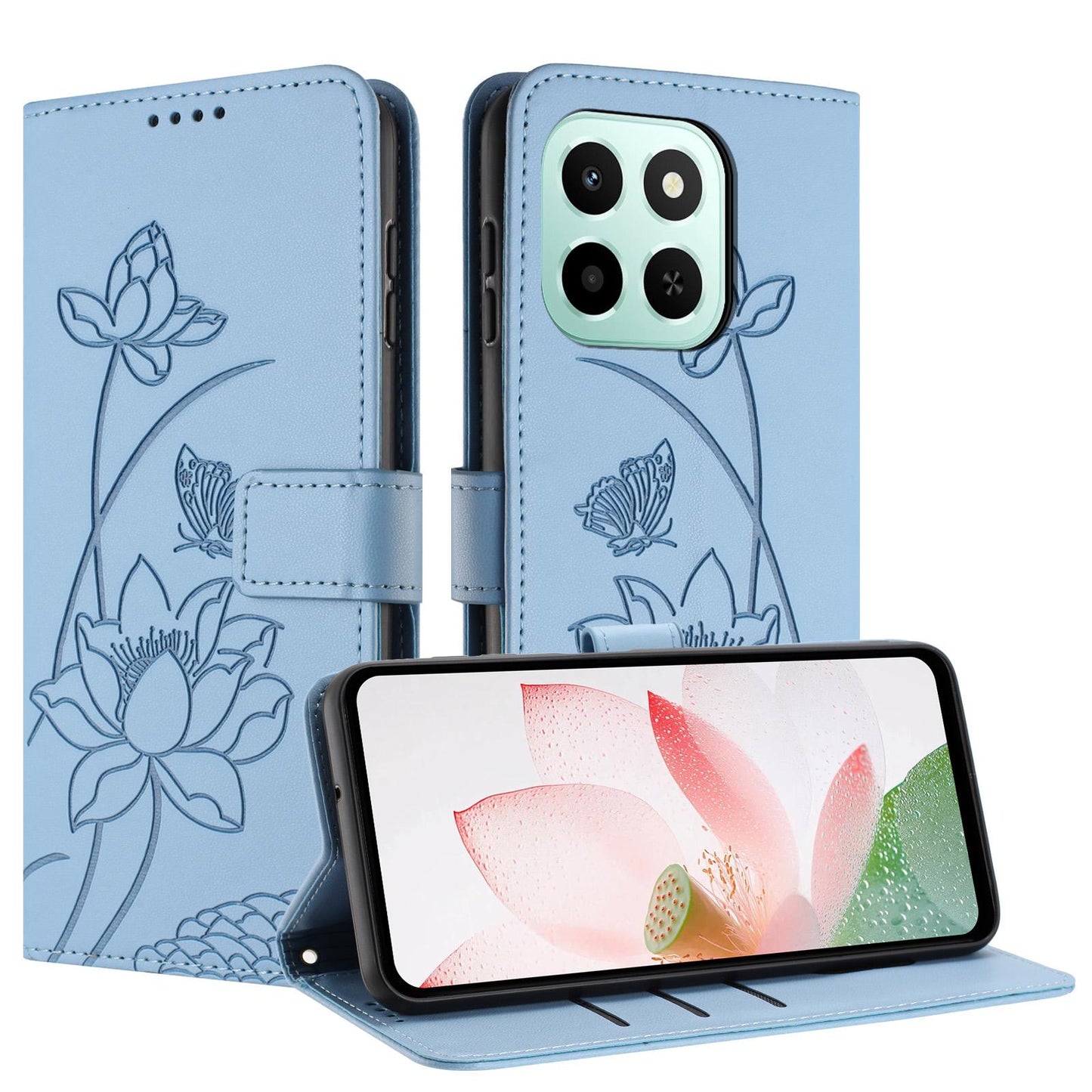 Honor X6d 5G Lotus Embossed PU Leather Wallet Phone Case with Card Holder, Cash Pocket, Magnetic Flip Stand Cover, Wrist Lanyard Strap, Shockproof TPU Protective Folio Case - Purple