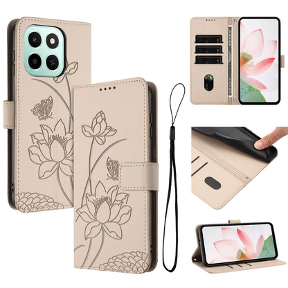 Honor X6d 5G Lotus Embossed PU Leather Wallet Phone Case with Card Holder, Cash Pocket, Magnetic Flip Stand Cover, Wrist Lanyard Strap, Shockproof TPU Protective Folio Case - Purple