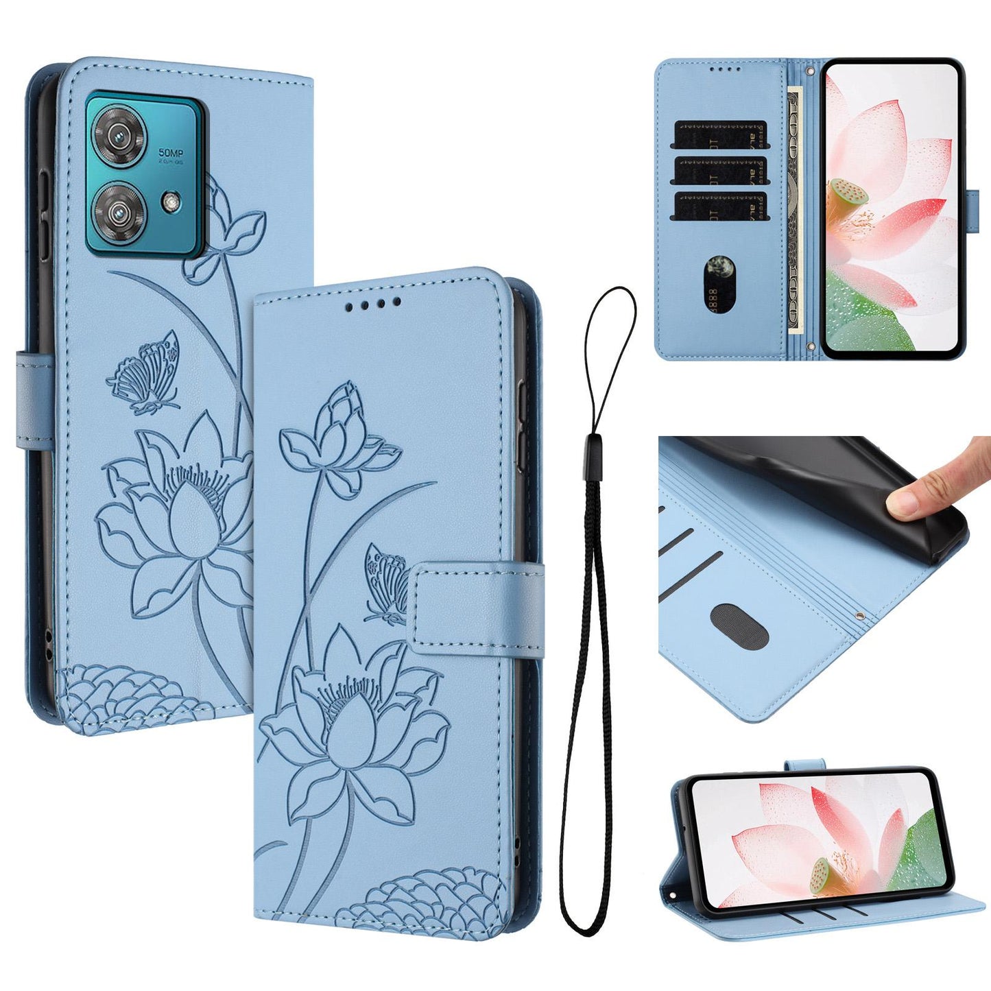 Motorola Edge 40 Neo Lotus Embossed PU Leather Wallet Phone Case with Card Holder, Cash Pocket, Magnetic Flip Stand Cover, Wrist Lanyard Strap, Shockproof TPU Protective Folio Case - Purple
