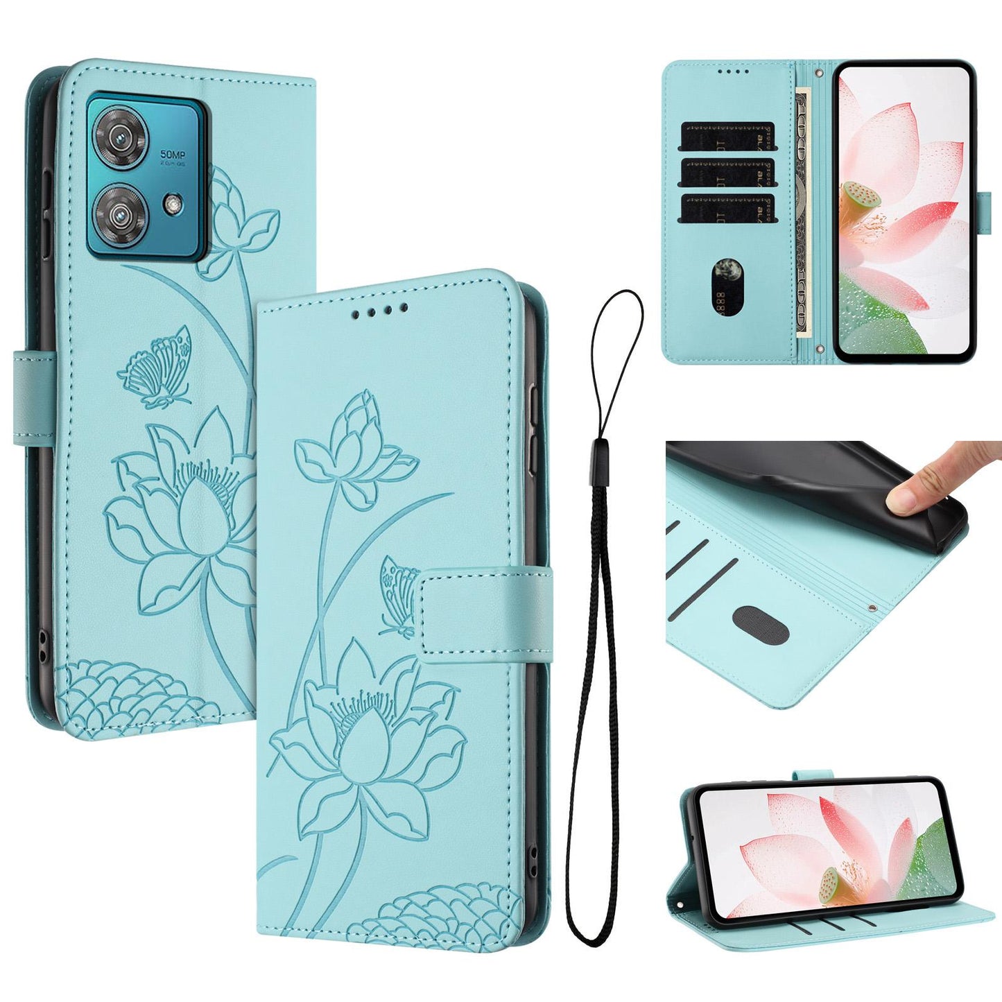 Motorola Edge 40 Neo Lotus Embossed PU Leather Wallet Phone Case with Card Holder, Cash Pocket, Magnetic Flip Stand Cover, Wrist Lanyard Strap, Shockproof TPU Protective Folio Case - Purple