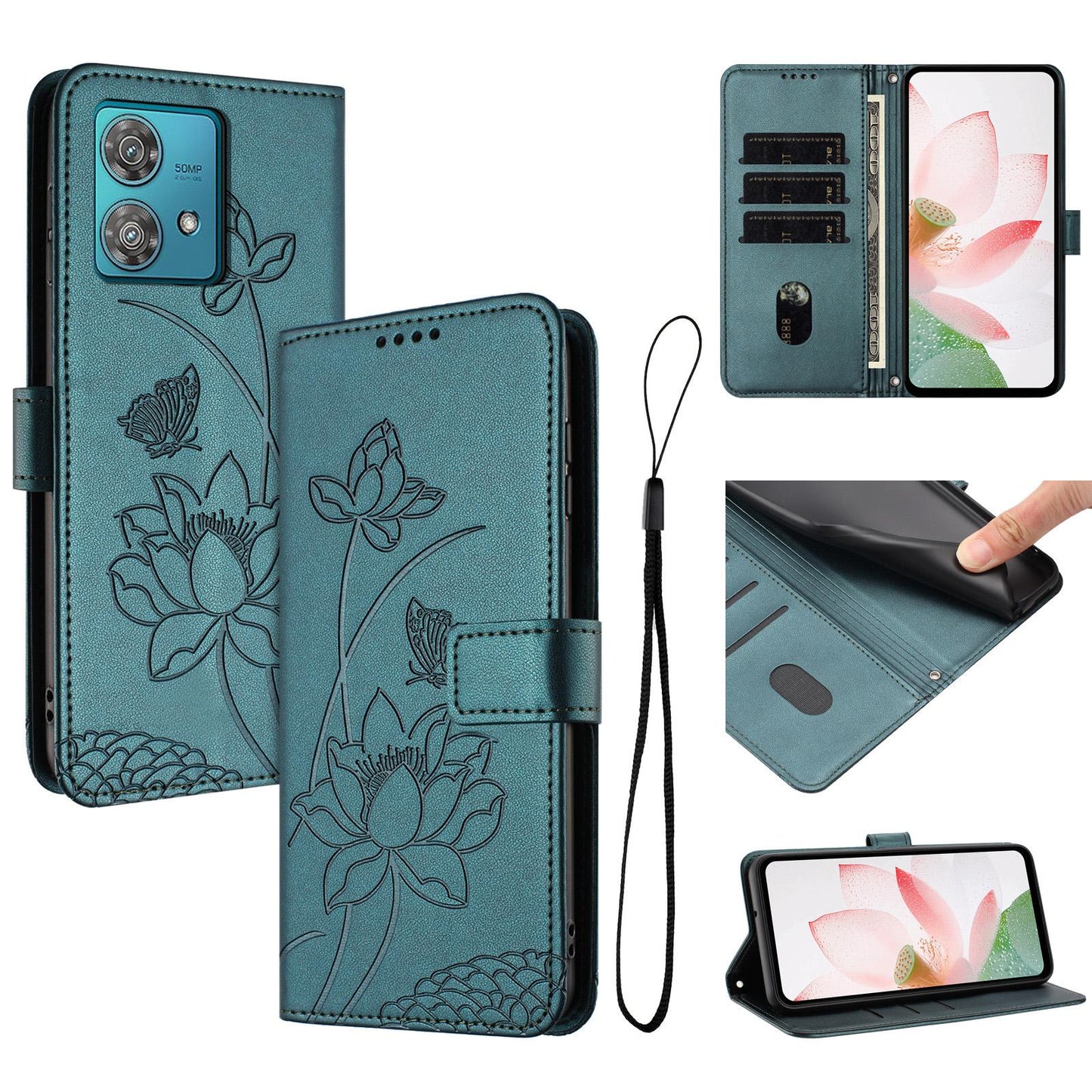 Motorola Edge 40 Neo Lotus Embossed PU Leather Wallet Phone Case with Card Holder, Cash Pocket, Magnetic Flip Stand Cover, Wrist Lanyard Strap, Shockproof TPU Protective Folio Case - Purple