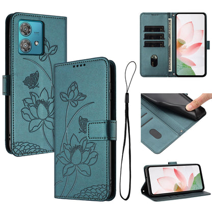 Motorola Edge 40 Neo Lotus Embossed PU Leather Wallet Phone Case with Card Holder, Cash Pocket, Magnetic Flip Stand Cover, Wrist Lanyard Strap, Shockproof TPU Protective Folio Case - Purple