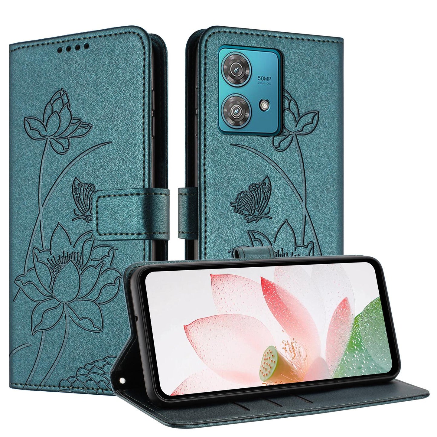Motorola Edge 40 Neo Lotus Embossed PU Leather Wallet Phone Case with Card Holder, Cash Pocket, Magnetic Flip Stand Cover, Wrist Lanyard Strap, Shockproof TPU Protective Folio Case - Purple