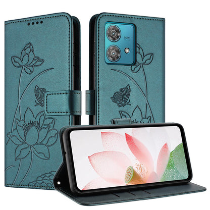 Motorola Edge 40 Neo Lotus Embossed PU Leather Wallet Phone Case with Card Holder, Cash Pocket, Magnetic Flip Stand Cover, Wrist Lanyard Strap, Shockproof TPU Protective Folio Case - Purple
